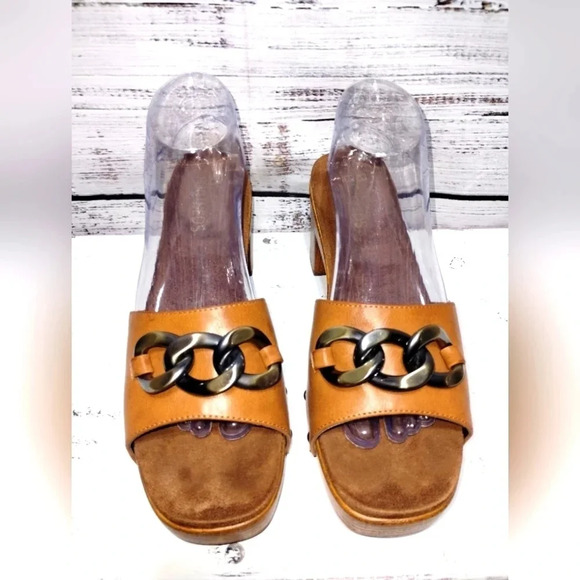 White Mountain Jem Footbeds Clog Shoe in Tan size 9 Retro Wood Slide Heel Chunky - Picture 3 of 6